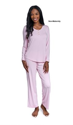 Beautifully feminine, this 2-piece maternity and nursing PJ set is both chic sleepwear and lovely loungewear for those days when you can't quite seem to get dressed! Sewn from the softest knit jersey with a gorgeous drape, it includes a comfy pant with stretchy, smocked waistband that sits comfortably just under the belly, and a classic long sleeve with curved hem and button-front placket for easy nursing access. Rayon/Spandex. Machine wash cold, gentle. Line dry or tumble dry low. High point sh Chic Sleepwear, Maternity Nursing Pajamas, Nursing Pajamas, Cozy Pajamas, Jersey Long Sleeve, Comfy Pants, Maternity Nursing, High Point, Pj Sets