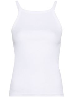 white cotton fine ribbed embroidered logo to the rear square neck spaghetti straps sleeveless straight hem Elegant White Tank Top With Straps, Elegant White Top With Tank Straps, White Ribbed Sleeveless Camisole, Chic White Tops With Tank Straps, Chic White Tank Top, White Fitted Top With Tank Straps, Classic White Tank Top For Spring, Fitted White Top With Tank Straps, Elegant White Cotton Tank Top