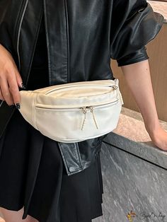 BirdinBag - Unisex White Zipper Waist Bag - Stylish and Versatile White Pouch Shoulder Bag With Zipper Closure, Versatile White Bag With Zipper Pouch, White Pouch Bag With Zipper Closure, Beige Zipper Pouch Bag For School, Beige School Bag With Zipper Pouch, White Pouch Bag With Zipper Pocket, Beige School Bags With Zipper Pouch, Cream Pouch Bag With Zipper Closure, School Beige Bags With Zipper Pouch