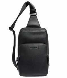 From Coach&#x2C; this leather pack features:pebble leather/refined calfskin leather designinterior multifunction pocketszippered closurefabric liningexterior zippered pocketsadjustable shoulder strap for crossbody wearleather7" long x 12.5" tall x 2.75" wide.Imported. Mens Coach Sling Bag, Formal Black Bag With Pebbled Texture, Black Grained Texture Business Bags, Black Grained Texture Bag For Business, Luxury Black Bags With Grained Texture, Black Formal Bag With Grained Texture, Black Business Bags With Grained Texture, Classic Leather Bag With Grained Texture, Black Rectangular Bag With Pebbled Texture