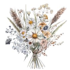 a bouquet of wildflowers and grasses is shown in this watercolor painting on paper