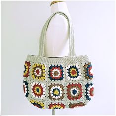 Trendy Cream Crochet Square Bag, Trendy Cream Square Crochet Bag, Vintage Rectangular Crochet Bag For Everyday, Multicolor Crochet Bag For Shopping, Multicolor Spacious Crochet Bag For Shopping, White Square Crochet Bag For Shopping, Vintage Crochet Shoulder Bag For Daily Use, Vintage Crochet Tote Bag For Daily Use, Retro Rectangular Hobo Bag For Daily Use