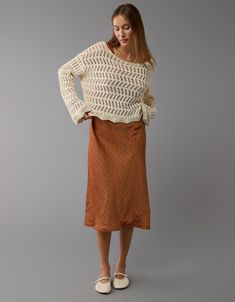 AE Boat Neck Bell Sleeve Crochet Sweater Casual Pointelle Knit Crochet Top For Fall, Casual Textured Crochet Top For Fall, Casual Textured Knit Crochet Top For Fall, Chic Crochet Top With Open Knit For Fall, Chic Fall Crochet Top With Open Knit, Fitted Crochet Knit Top For Fall, Chic Open Knit Crochet Top For Fall, Chic Crochet Sweater For Fall, Chic Fall Crochet Sweater