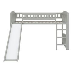 a gray bunk bed with a slide and ladder on the bottom floor, against a white background