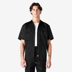 Our Men's Short Sleeve Work Shirt has been one of our top styles since Dickies started in 1922. There's a reason this style has stood the test of time. This original work shirt is crafted from our wrinkle-resistant classic twill fabric, with a generous cut through the shoulders and chest that provides freedom of movement, and square hem design for easy tucking. The piece features secure chest pockets with a pencil slot and non-break buttons. The shirt has a moisture-wicking finish to help keep y Dickies Outfits Men, Dickies Outfit, Quilted Shirt, Dickies Shorts, Dickies Workwear, Mechanic Shirts, Simple Tees, Work Shirt, A Pencil