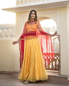 Yellow Red Lehenga Set - www.riafashions.com Traditional Floor-length Choli For Celebrations, Festival Anarkali Lehenga With Zari Work, Festive Lehenga With Resham Embroidery, Anarkali Lehenga With Zari Work For Festivals, Semi-stitched Festive Lehenga, Semi-stitched Festive Sharara, Festive Lehenga With Zari Work For Eid, Anarkali Sharara For Celebration During Navratri, Festive Semi-stitched Lehenga