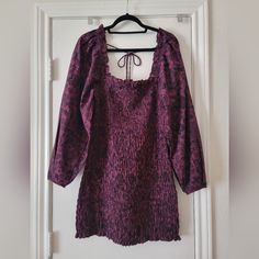 Free People Smock It To Me Mini Dress In Normal, Size L, Nwt Square Neck Smocked Mini Dress For Brunch, Square Neck Smock Mini Dress For Brunch, Long Sleeve Dresses With Elastic Neckline For Brunch, Long Sleeve Dress With Gathered Neckline For Brunch, Brunch Dress With Gathered Neckline And Long Sleeves, Long Sleeve Ruched Mini Dress, Free People Mini Dress, Free People Dresses, Color Purple