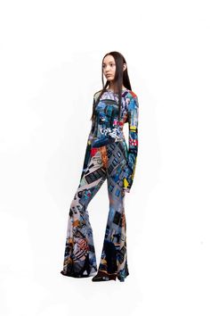 Polyester-blend stretch flare pants -All-over print -Elasticized waistband Multicolor Graphic Print Wide Leg Pants, Multicolor Wide Leg Pants With Graphic Print, Multicolor Graphic Print Wide Leg Bottoms, Stretch Wide Leg Pants With Graphic Print, Multicolor Wide Leg Bottoms With Graphic Print, Multicolor Graphic Print Wide-leg Bottoms, Fitted Pants With Graphic Print For Spring, Printed Full-length Fitted Bottoms, Fitted Full-length Printed Bottoms