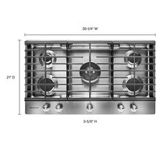 an image of a stainless steel stove top with four burners and two grids