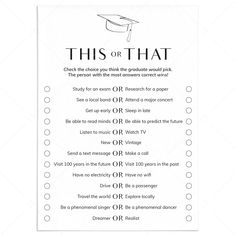 This or That Grad Party Game Printable by LittleSizzle Who Knows The Graduate Best, Grad Party Games, Graduation Games, Baby Shower Wishes, Wishes For Baby Cards, Bridal Bingo, Graduation Funny, People Talking, The Graduate