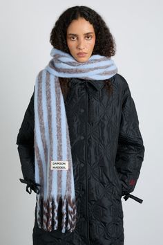 Made from recycled polyester, this season's stripe scarf boasts classic style with a soft feel. •Fluffy knit •DM branded tab •100% recycled polyester •Designed in London Damson Madder, Fluffy Scarf, Chocolate Babies, Fluffy Knit, Stripe Scarf, 2024 Style, Future Wardrobe, Striped Scarf, Uni Outfits