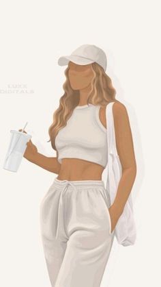 a drawing of a woman in white clothing holding a drink and wearing a baseball cap