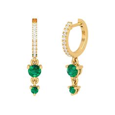 14K yellow gold full cut diamond studded handmade small hoops. Dangling emeralds add exceptional beauty to the design. Gross Wt: 0.908gms  Gold Wt: 0.7810 gms Diamond Wt: 0.11 cts  Emerald Wt: 0.38 cts Size: 20.4X4.1 mm Diamond Quality: White Full Cut Diamond Emerald Yellow Gold Diamond Earrings Fine Jewelry, Emerald Yellow Gold Diamond Earrings, Gold Emerald Earrings With Brilliant Cut, Green Diamond Hoop Earrings Fine Jewelry, Emerald Gemstone Hoop Earrings In Yellow Gold, Yellow Gold Emerald Hoop Earrings Fine Jewelry, Yellow Gold Emerald Hoop Earrings For May Birthstone, Emerald Yellow Gold Hoop Earrings For May Birthstone, Green Hoop Earrings With Prong Setting