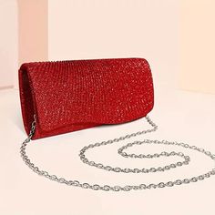 Clutch Red Ruched Evening Bag for Women Red Clutch Bag, Sparkly Purse, Beg Tangan, Glitter Clutch, Red Clutch, Red Bag, Red Prom, Red Sequin, Shoulder Chain