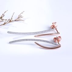 Sweet and sparkling, these dazzling earrings create a perfect look for everyday style or special moments. A curved ribbon of rose gold color add femininity to this design, while sparking round stones add extra shimmer. A romantic gift, these sparkling earrings are a sweet treat.Carat Weight: 0.58 ctStone Size: 1.1 mmNumber of Stones: 58 Stone Shape: RoundStone Color: Diamond WhiteWeight: 3.4 gWidth: 2.07 mmHeight: 35.6 mmMaterial: 925 SilverPlating Color: Silver, Rose Gold Elegant Rose Gold Diamond Earrings With Accents, Elegant Rose Gold Diamond Earrings With Sparkling Stones, Elegant Sparkling Linear Earrings For Evening, Rose Gold Earrings With Sparkling Stones For Evening, Glamorous Rose Gold Earrings With Sparkling Stones, Rose Gold Diamond Earrings For Party, Formal Rose Gold Earrings With Sparkling Stones, Elegant Rose Gold Earrings With Pave Setting, Sparkling Rose Gold Diamond Earrings