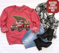 Vintage Red Truck Christmas Sweatshirt with Gorgeous Decorated Tree - Winter Country Scene Introducing our charming vintage red truck with a Christmas tree sweatshirt, perfect for adding a festive touch to your winter wardrobe! This cozy sweatshirt features a beautifully decorated old red truck with a Christmas tree sticking out of the back, complete with garland and bulbs for a gorgeous holiday look. The scene is set in a winter country setting, making this unique sweatshirt a delightful choice Family Sweaters, Old Red Truck, Family Sweater, Red Truck Christmas, Christmas Red Truck, Vintage Red Truck, Tree Winter, Unique Sweatshirt, Sweatshirt Vintage