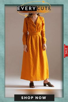 Linen Lapel Collar Wrap Dress Fitted Belted Long Sleeve Dress For Spring, Fitted Long Sleeve Summer Dress For Work, Chic Long Sleeve Linen Dress With Buttons, Vintage Long Sleeve Linen Dress For Spring, Yellow Long Sleeve Maxi Dress For Formal Occasions, Formal Yellow Maxi Dress With Long Sleeves, Elegant Yellow Maxi Dress For Fall, Fitted Linen Dress For Spring, Chic Spring Long Sleeve Dress With Buttons