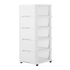 a white cabinet with five drawers on wheels