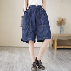 Details: Gender: Women Item Type: Shorts Material: Denim Season: Summer Pattern: Solid Style: Casual, Loose, Retro Waist Type: Elastic Waist Size: One Size Waist: 72.00 - 92.00 cm/ 28.35 - 36.22 " Length: 58.00 cm/ 22.83 " Hip: 130.00 cm/ 51.18 " Thigh: 74.00 cm/ 29.13 " Dark Wash Short Leg Bottoms For Spring, Denim Bottoms With Pockets In Short Length, Short Leg Denim Blue Jeans, Non-stretch Cotton Jean Shorts, Baggy Straight Leg Jean Shorts With Pockets, Denim Blue Short Leg Jeans, Dark Wash Bottoms With Pockets For Spring, Trendy Baggy Jean Shorts With Pockets, High Waist Denim Shorts With Pockets