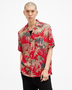 Hudsony Relaxed Fit Printed Shirt SCARLETT RED | ALLSAINTS US Casual Printed Collared Short Sleeve Shirt, Casual Collared Short Sleeve Printed Shirt, Patterned Casual Short Sleeve Shirt Relaxed Fit, Casual Patterned Short Sleeve Shirt, Relaxed Fit, Casual Patterned Relaxed Fit Short Sleeve Shirt, Casual Patterned Camp Shirt For Spring, Casual Relaxed Fit Patterned Short Sleeve Shirt, Relaxed Fit Camp Shirt With Lapel Collar For Spring, Printed Relaxed Fit Hawaiian Shirt