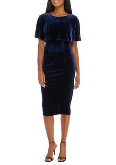 A velvety fabrication lends instant sophistication to this sheath dress from Maison Tara. | Maison Tara Women's Crew Neck Solid Velvet Sheath Dress, Navy Blue, 14 Velvet Sheath Dress, Dress Navy Blue, Sheath Dress, Polyester Spandex, Dresses For Work, Dress Outfits, Navy Blue, Velvet, Crew Neck