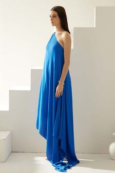 Cobalt blue one-shoulder maxi dress in modal base. - Aza Fashions Blue One-shoulder Maxi Dress For Summer, Blue One Shoulder Maxi Dress For Spring, Blue Asymmetrical Maxi Dress For Summer, Blue Asymmetrical Maxi Dress, One Shoulder Maxi Dress, Maxi Dress For Women, Dress For Women, Womens Maxi Dresses, Women Dresses