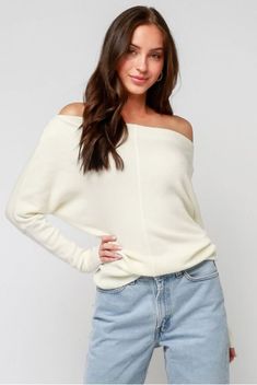 Casual Soft Knit Off-shoulder Tops, Chic Oversized Off-shoulder Sweater, Casual Off-shoulder Soft Knit Top, Oversized Off-shoulder Fall Sweater, Casual One-shoulder Winter Top, White Off-shoulder Fall Sweater, Fall Cream Batwing Sleeve Top, Oversized Off-shoulder Winter Top, White Long Sleeve Off-shoulder Top For Fall