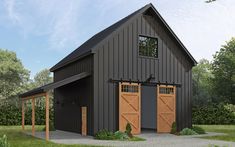 a black barn with two brown doors on the front and one door open to let in light