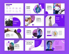 a purple and white presentation slider template with different images on the slide, including people's faces