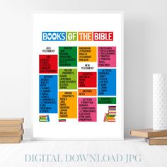 the book of the bible poster is displayed next to bookshelves and stacks of books