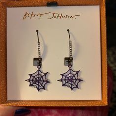 Dangling Spiderwebs On These Earrings From Betsey Johnson. Spiderwebs Are Purple With Sparkling Gems. Comes In Cute Gift Box. Purple Metal Jewelry For Halloween, Purple Earrings For Halloween Party, Trendy Purple Metal Earrings, Purple Pierced Earrings For Party, Party Purple Pierced Earrings, Trendy Lavender Jewelry For Party, Nickel-free Purple Earrings For Party, Purple Earrings As Halloween Gift, Purple Earrings For Halloween Gift