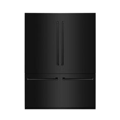 a black refrigerator freezer sitting on top of a white wall