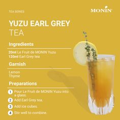 the menu for an iced tea drink with lemon and rosemary garnish on top