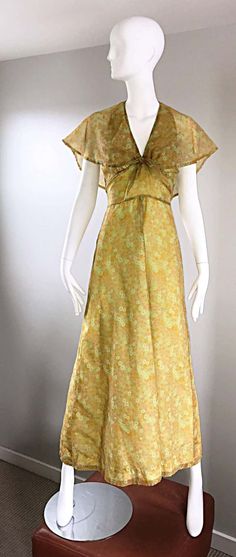 For Sale on 1stDibs - Boho chic 70s yellow and chartreuse green chiffon maxi dress. Features a gorgeous Allover mini Daisy print, with a flowy attached caplet. Cap lets ties Print Chiffon Maxi Dress, Chartreuse Green, Chiffon Maxi, Daisy Print, Chiffon Maxi Dress, Daisy Flower, Flower Prints, Day Dresses, Boho Chic