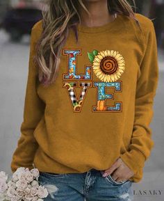 Lasaky - Christmas Print Long-Sleeve Loose-Fit Sweatshirt Yellow Letter Print Sweatshirt For Fall, Winter Brown Tops With Letter Print, Brown Letter Print Tops For Winter, Winter Brown Letter Print Tops, Boho Quotes, Christmas Print, Loose Shorts, Workout Sweatshirt, Christmas Prints