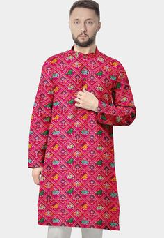 Readymade Art Silk Straight Kurta in Fuchsia. This Chinese Collar and Full Sleeves is Enhanced with Patola Printed With Animal Motif Enhanced With Buttons And Side Pockets. Do note: Bottom and Footwear shown in the image is for presentation purposes only. Half to one inch may vary in measurement. (Slight variation in actual color vs. image is possible) We sell all kinds of menswear. Mens Kurta | Mens Kurta Pajama | Mens Sherwani | Mens Sherwani Sets | Traditional Menswear | Partywear Menswear | Pink Printed Long Sleeve Kurta, Printed Long Sleeve Pink Kurta, Pink Long Sleeve Printed Kurta, Traditional Pink Printed Kurta, Festive Pink Printed Kurta, Pink Straight Kurta With Floral Print, Red Printed Kurta For Festivals, Red Printed Kurta For Festive Occasions, Festive Red Printed Kurta