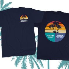 This personalized beachy themed unisex crew neck DARK t-shirt with front and back print and beachy design is perfect for all the bachelorette or bachelor party festivities! Completely customizable for ink color, wording, whatever you need! Just add your party details and custom requests to the personalization section when ordering. ------------------------------ HOW TO ORDER: ►Please select from the drop-down options above the add to cart button- after reviewing size chart** ►Add any customizati Crew Neck Shirt For Beach Party Vacation, Blue T-shirt With Custom Print For Summer, Summer Graphic Print Sublimation Design With Relaxed Fit, Crew Neck T-shirt For Beach Party, Summer Beach Party Crew Neck T-shirt, Spring Beach Party Crew Neck T-shirt, Summer Crew Neck T-shirt For Bachelorette Party, Summer Beach Graphic Print Sublimation Design, Party Details