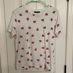 Large Watermelon Print Tshirt. Never Worn. Super Cute! Fun White Printed Tops, White Short Sleeve Tops With Strawberry Print, White Casual Fruit Print Top, White Crew Neck Top With Strawberry Print, Casual White Tops With Fruit Print, White Casual Top With Fruit Print, Red Fruit Print Top For Spring, White Cotton Shirt With Fruit Print, Summer Red Graphic Tee