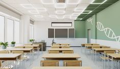 an empty classroom with wooden desks and green walls