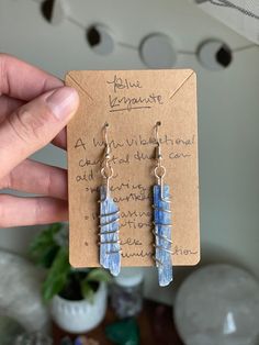 These two pieces of blue kyanite are hand selected and hand wrapped in a silver wire with love. Blue Kyanite is a high vibrational crystal that can relieve frustration, aid in communication and increase your intuition. Blue Hand Wrapped Earrings Gift, Hand Wrapped Blue Earrings Gift, Blue Hand Wrapped Earrings For Gift, Blue Kyanite Crystal, Kyanite Jewelry, Kyanite Crystal, High Vibrational, Blue Kyanite, Love Blue