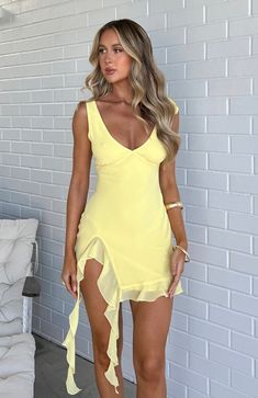 Like That Mini Dress Buttercup | White Fox Boutique US Short Hoco Dresses Gold, Spring Formal Mini Dress, Hoco Dresses For Big Bust, Hoco Dresses A Line, Yellow Dresses With Ruffled Straps For Party, Yellow Party Dress With Ruffled Straps, Glamorous Yellow Mini Dress For Summer, Glamorous Summer Dress With Ruffle Hem, Summer Cocktail Mini Dress With Ruffled Straps