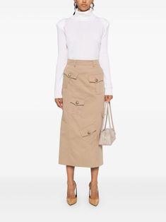 Find MOSCHINO Cargo Midi Skirt on Editorialist. beige cotton-wool blend twill weave concealed rear hook and zip fastening high-waisted belt loops two side slash pockets multiple cargo pockets martingale to the rear central rear vent straight hem mid-length Beige Cargo Skirt For Spring Workwear, Khaki Cargo Skirt For Workwear, Beige Cargo Skirt With Pockets For Work, Chic Beige Skirt With Belt Loops, Chic Long Fitted Cargo Skirt, Elegant Beige Skirt With Belt Loops, Beige Cotton Skirt For Work, Chic Cargo Skirt For Workwear, Chic Fitted Beige Cargo Skirt