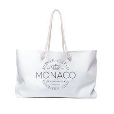 "Our Monaco Monte-Carlo Country Club Oversized Weekender Tote is perfect for your weekend at the beach or in the city. The wide-mouthed, durable bag holds a generous amount of personal items and is easily held with its thick rope handles. This elegant Weekender Tote Bag is the ideal gift for lovers of Monaco, Monte-Carlo and the luxury of the French Riviera. ⭐ One size: 24\" x13\" (60.9 cm x 33 cm) ⭐ 100% spun polyester ⭐ T-bottom ⭐ Interior lining in cream sheet metal ⭐ Be careful! Size tolerance 0.75\" (1.9 cm)) ⭐ Assembled in the USA from globally sourced parts You can combine this bag with a cap, t-shirt, sweatshirt or hoodie with the same design that you will find in our store. RETURNS OR EXCHANGES This product offers a 30-day money-back guarantee." White Double Handle Bags For Beach Season, Chic White Beach Bag With Large Capacity, Chic Large Capacity White Beach Bag, White Summer Travel Bag, White Chic Large Capacity Beach Bag, White Large Capacity Chic Beach Bag, White Tote Bag For Vacation, White Travel Bags For Beach Season, Chic Large Capacity Beach Bag For Travel