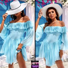 Solid Off Shoulder Long Sleeve Puffy Dress, Bohemian Loose Ruffled Hem Beach Dress, Women's Clothing Off-shoulder Chiffon Beach Dress, Breezy Chiffon Summer Dresses, Summer Chiffon Mini Dress For Brunch, Chiffon Dress For Beach Season Day Out, Chiffon Dress For Day Out At The Beach, Chiffon Dress For Beach Day Out, Elegant Off-shoulder Beach Dresses, Blue Chiffon Mini Dress For Vacation, Chic Chiffon Beach Mini Dress