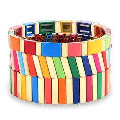 PRICES MAY VARY. 【ENAMEL TILE BRACELET】 —Bring a burst of color to your favorite outfits with this uniquely designed Stackable bracelet set. they're strung with rainbow-hued and gold-tone beads on elasticated bands ,that’s just begging for a night on the town. Whether with a little black dress or your sleekest separates, we just know you’ll reach for this piece again and again. 【COMFORTABLE TO WEAR 】 —This stylish rainbow stretch bracelet is the perfect way to add a beautiful detail to your favo Rainbow Tile, Tile Bracelet, Multicolor Bracelet, Lucky Gifts, Stackable Bangles, Silver Bracelets For Women, Lucky Bracelet, Protection Bracelet, Stackable Bracelets