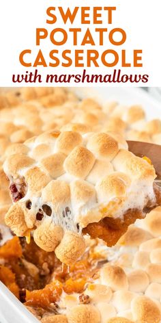 sweet potato casserole with marshmallows in a white dish