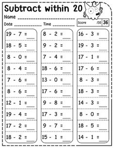 the subtract within 20 worksheet for students to practice addition and subtraction