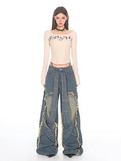 Industrial Deconstructed Panel Denim Jeans Grunge Style Wide Leg Denim Flare Jeans, Distressed Wide Leg Denim Cargo Jeans, Wide Leg Distressed Denim Cargo Jeans, Trendy Wide-leg Cargo Jeans With Frayed Hem, Wide Leg Distressed Jeans In Recycled Denim, Trendy Wide Leg Cargo Jeans With Frayed Hem, Edgy Dark Wash Wide Leg Cargo Jeans, Edgy Denim Flare Jeans With Frayed Hem, Edgy Distressed Wide-leg Flare Jeans