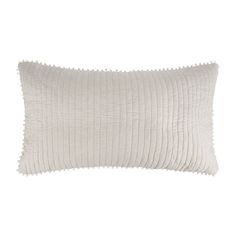 a white pillow with pleated edges on the front and back, sitting on a white background