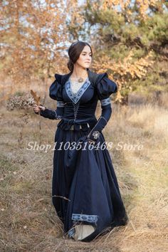 Vintage Navy Victorian Evening Gown Black Velvet Jacket Puffy Sleeve Princess Dress Renaissance Womens Masquerade - green / 12